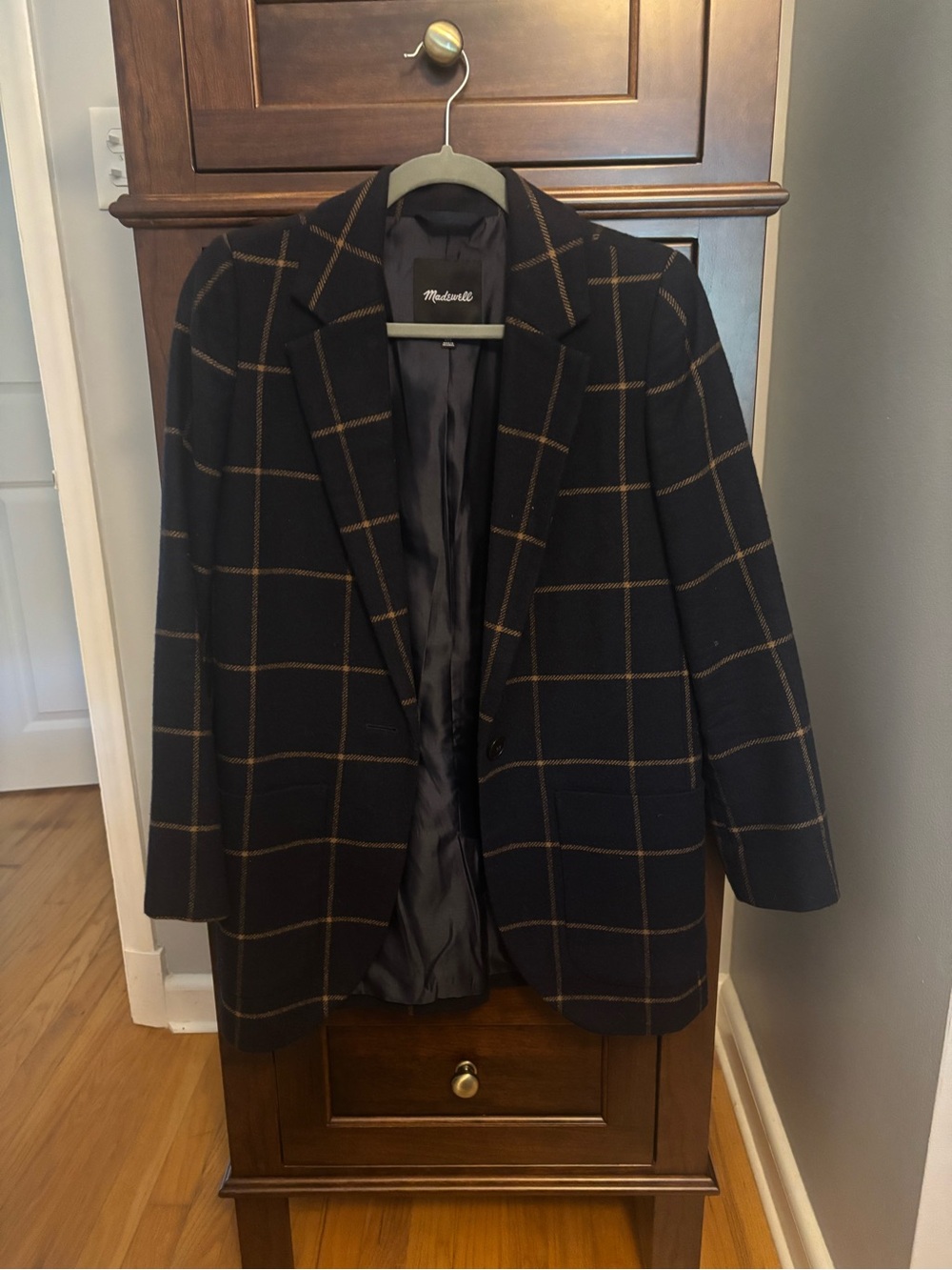 Madewell Navy Blazer with Brown Windowpane Check